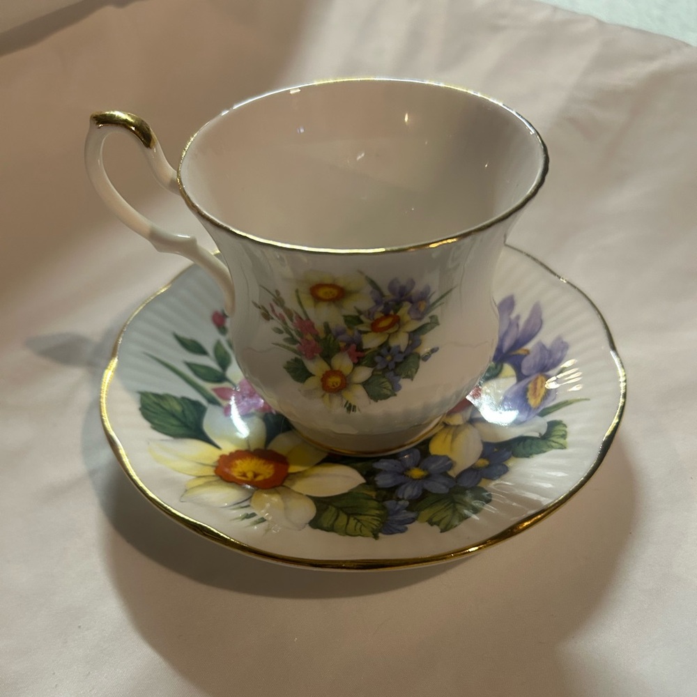 Queens Bone China Floral Gold-Trimmed Teacup and Saucer Set